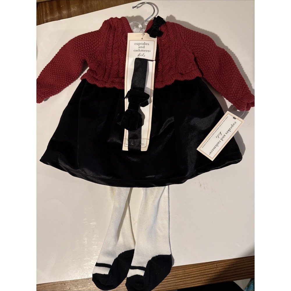 NWT Cupcakes And Cashmere Baby Set 0-3 Months Red Black Dress Headband Gift Set